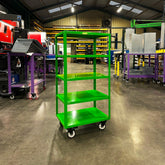 A green 5-tier storage and transport trolley with mobile shelving units.